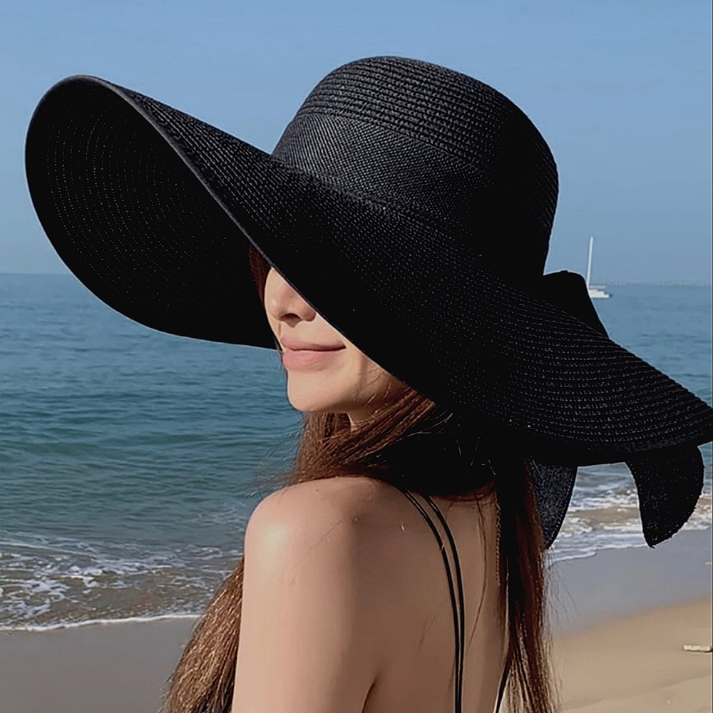 Beloved Millinery Classic Black Bohemian Wide Brim Floppy Straw Summer Beach Hat